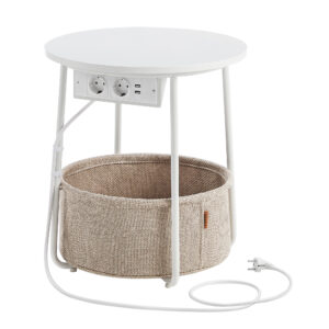 SONGMICS HOME LET228W02 weißer runder Beistelltisch aus Metall mit Steckdose