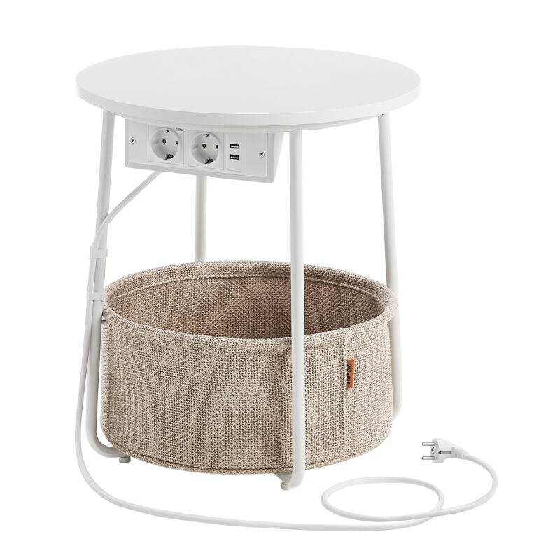 SONGMICS HOME LET228W02 weißer runder Beistelltisch aus Metall mit Steckdose